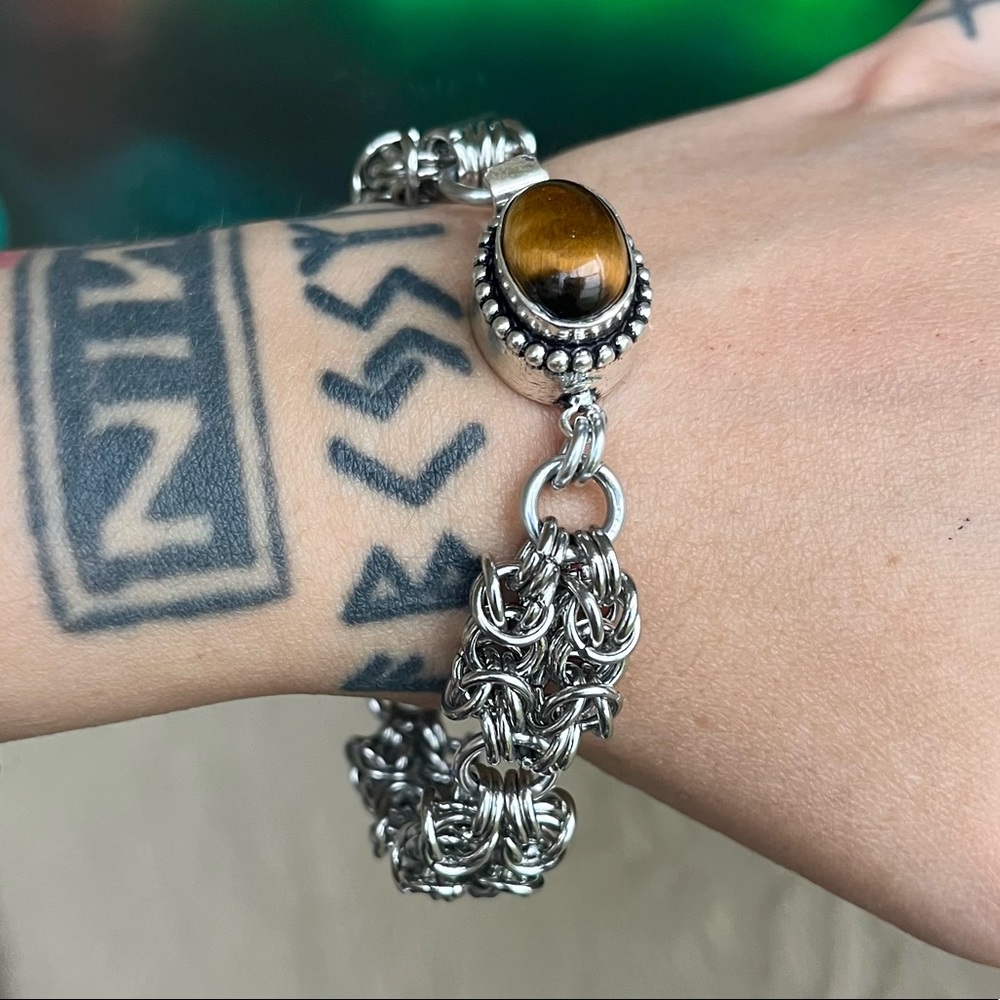 Maille stainless steel tiger eye bracelet . Handmade chain link - Picture 2 of 16